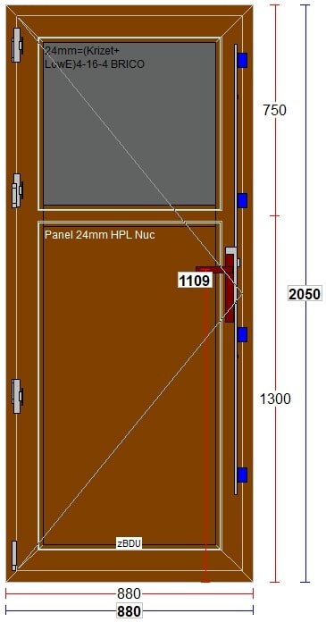 Usa exterior FENSTERWELT, cu geam, 6 camere, stanga, PVC, 88 x 205 cm, nuc