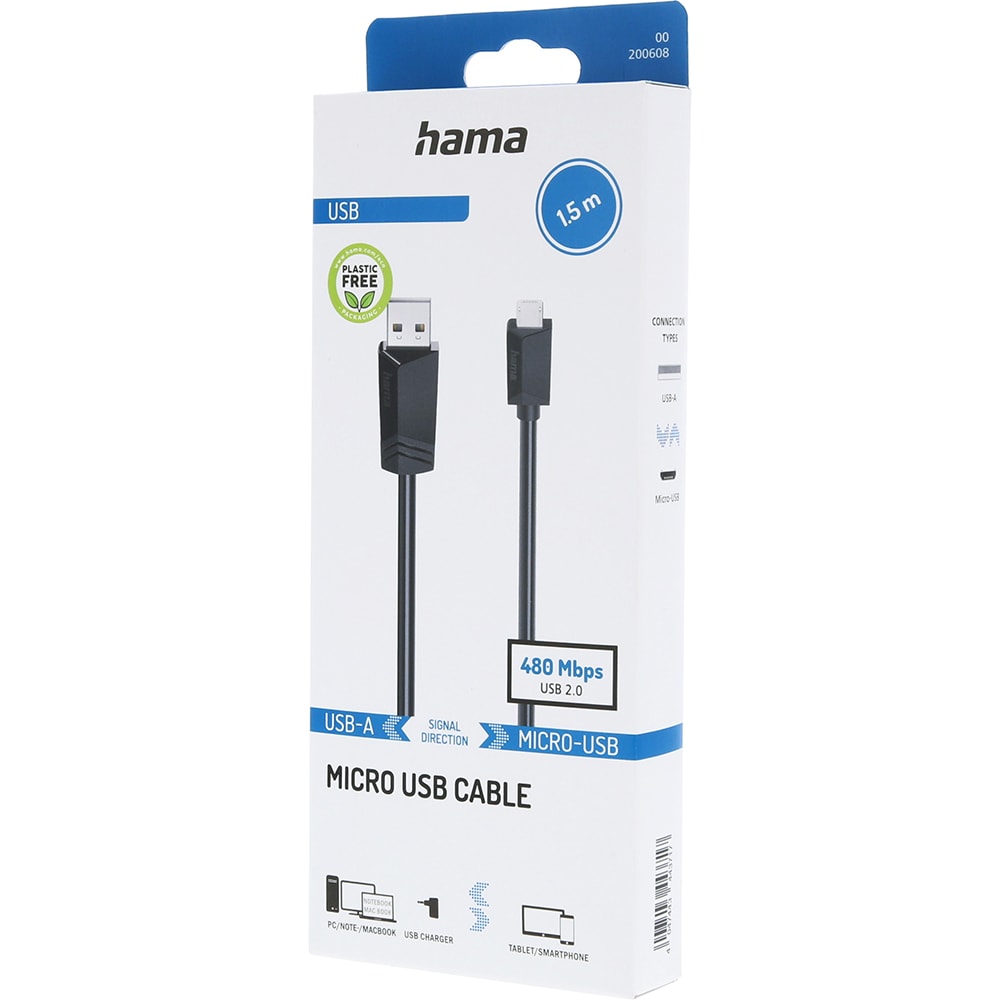 Cablu USB 2.0 A - micro USB HAMA 200608, 1.5m, negru