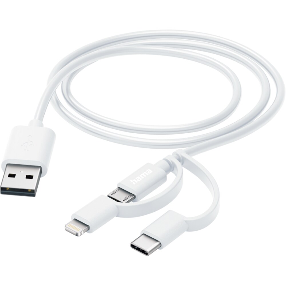 Cablu date 3 in 1 HAMA 201535, USB-A - MicroUSB/Lightning/USB-C, 1m, alb