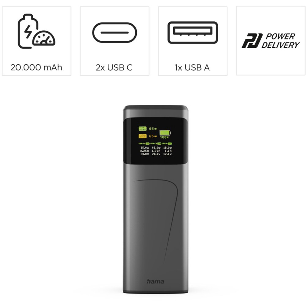 Baterie externa HAMA High Power 201741, 20000mAh, 2x USB-C, 1x USB-A, negru