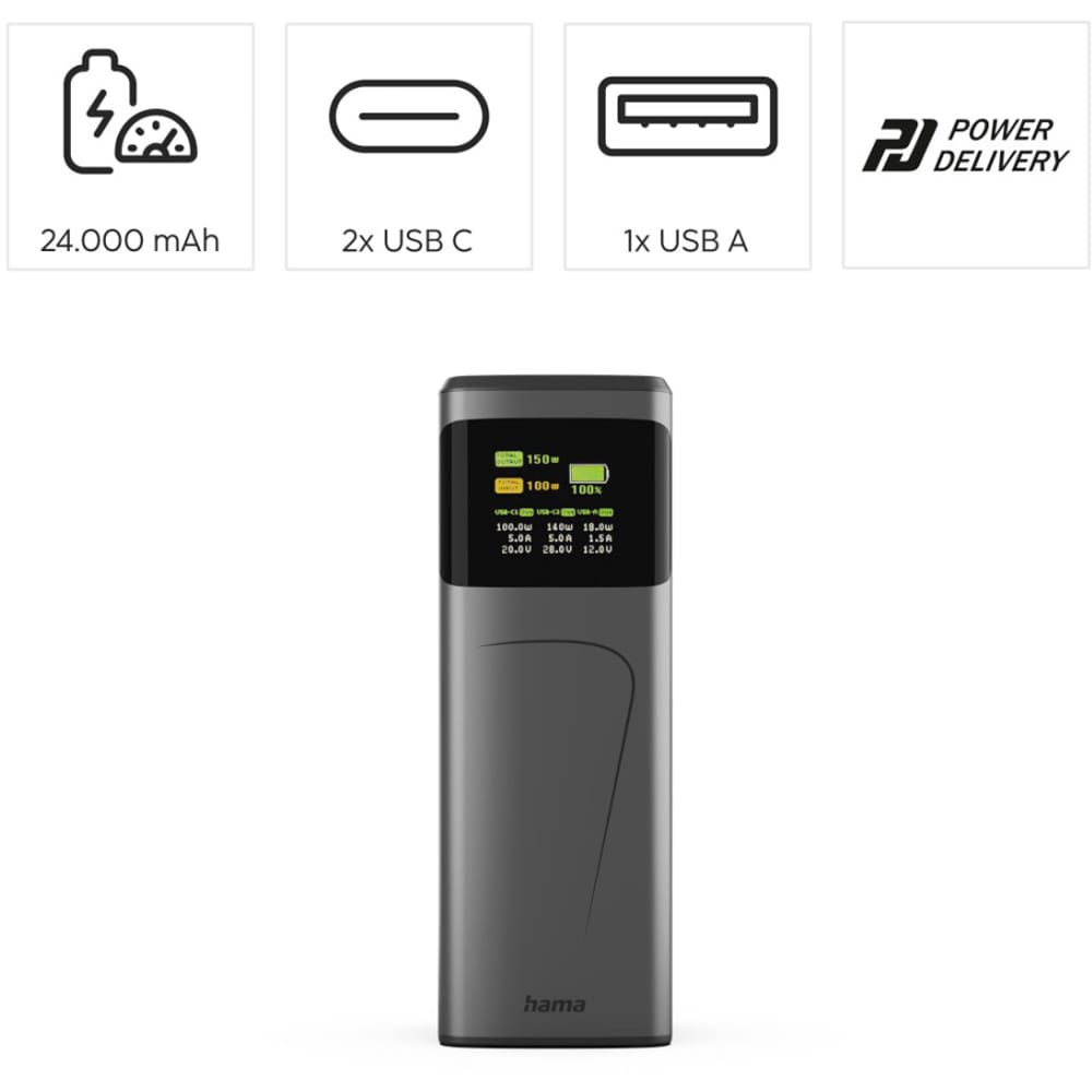 Baterie externa HAMA High Power 201742, 24000mAh, 2x USB-C, 1x USB-A, negru