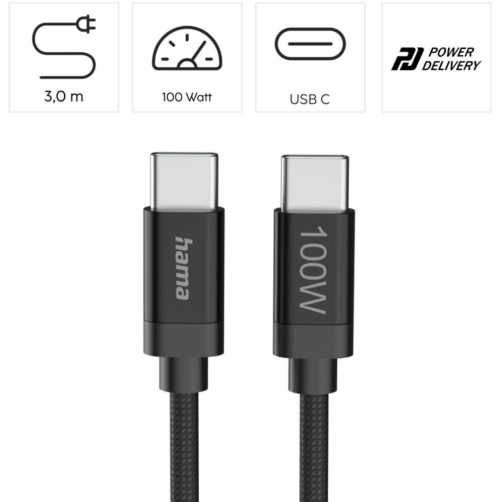 Cablu date HAMA Fabric 201749, USB-C - USB-C, 3m, negru