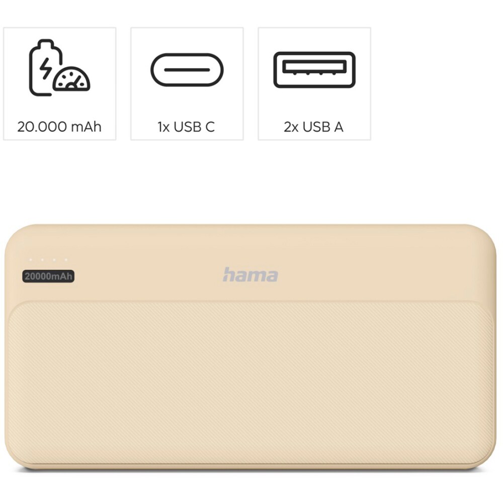 Baterie externa HAMA Pocket 20 201775, 20000mAh, 2x USB-A, 1x USB-C, Sand