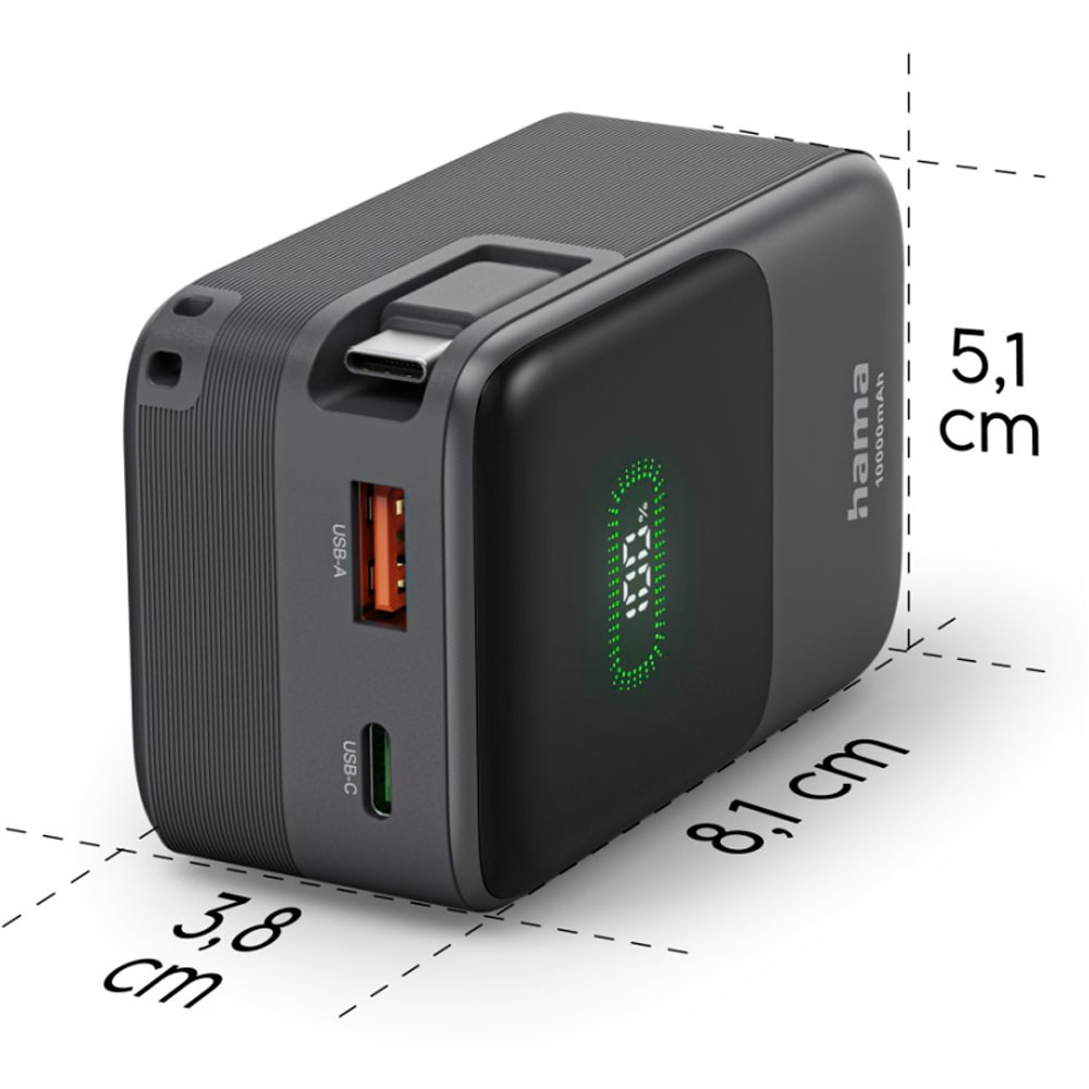 Baterie externa HAMA Roll Up 10 201784, 10000mAh, 1x USB-C, 1x USB-A, negru