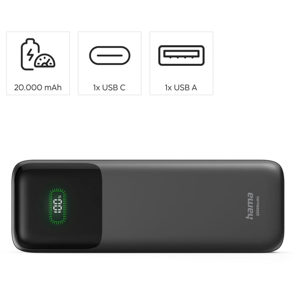 Baterie externa HAMA Roll Up 20 201785, 20000 mAh, 1x USB-C, 1x USB-A, negru