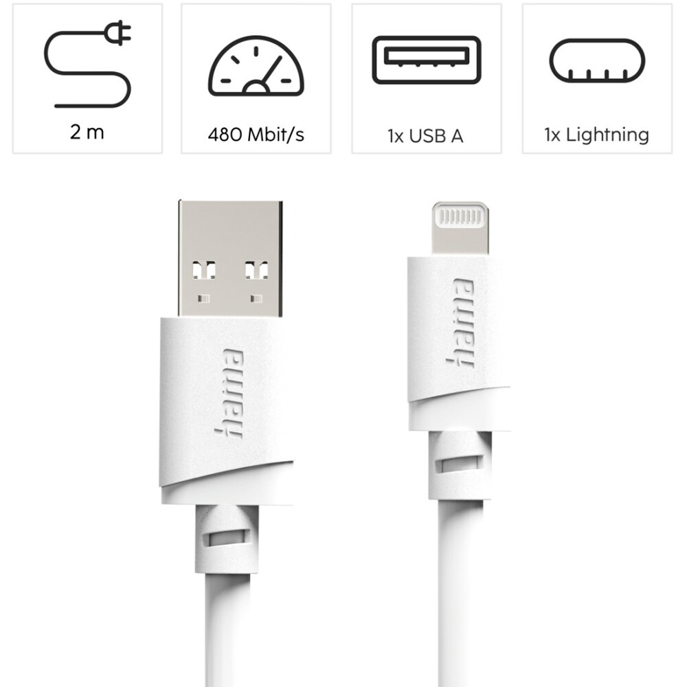 Cablu date HAMA 201801, USB-A - Lightning, 2m, alb