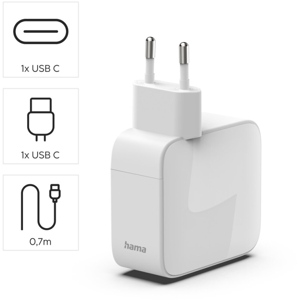 Incarcator retea HAMA 201957, 2x USB-C, Power Delivery (PD) 65W, GaN, alb