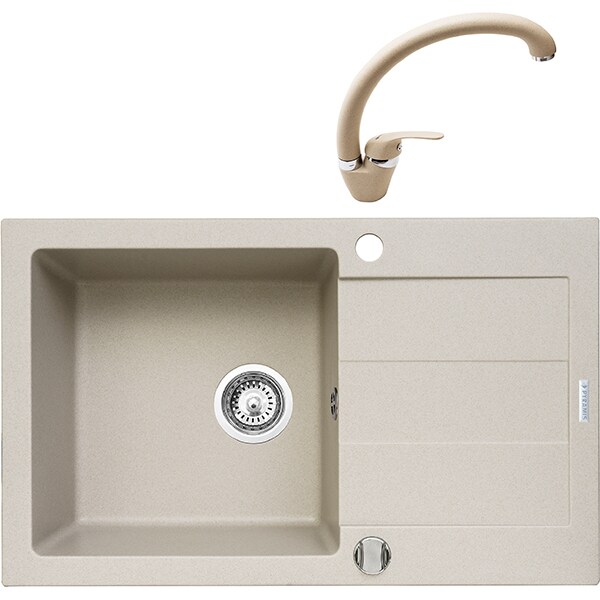 Pachet chiuveta PYRAMIS Class Plus Complete, 1 cuva, picurator reversibil, compozit granit + baterie, bej