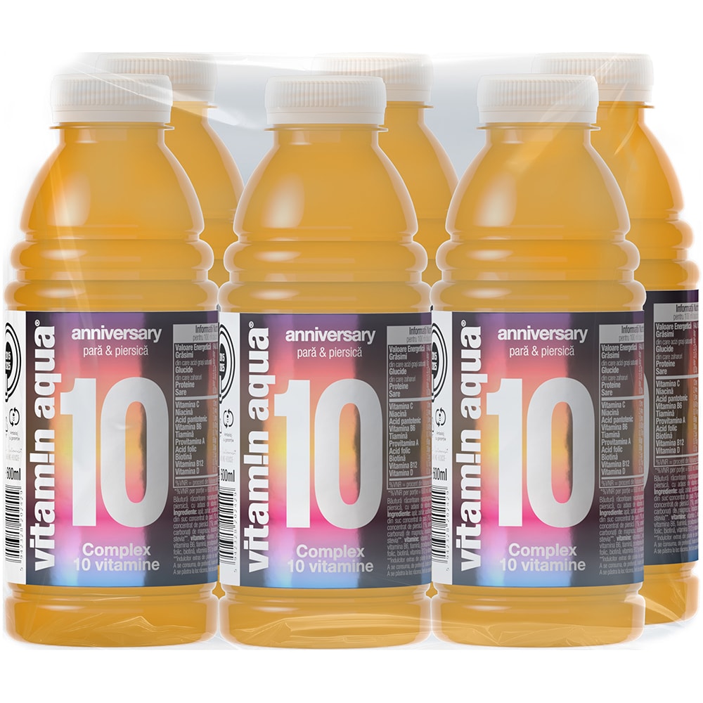 Apa cu vitamine VITAMIN AQUA Para & Piersica 10 Aniversar bax 0.6L x 6 sticle