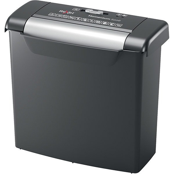 Distrugator documente manual REXEL Momentum S206, 6 coli, 9l, Strip-Cut, negru