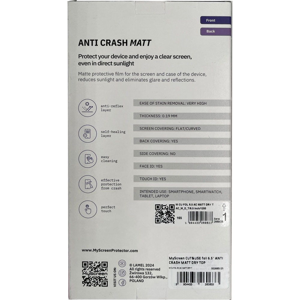 Folie protectie pentru telefon MYSCREEN Anti Crash Matt Dry, transparent