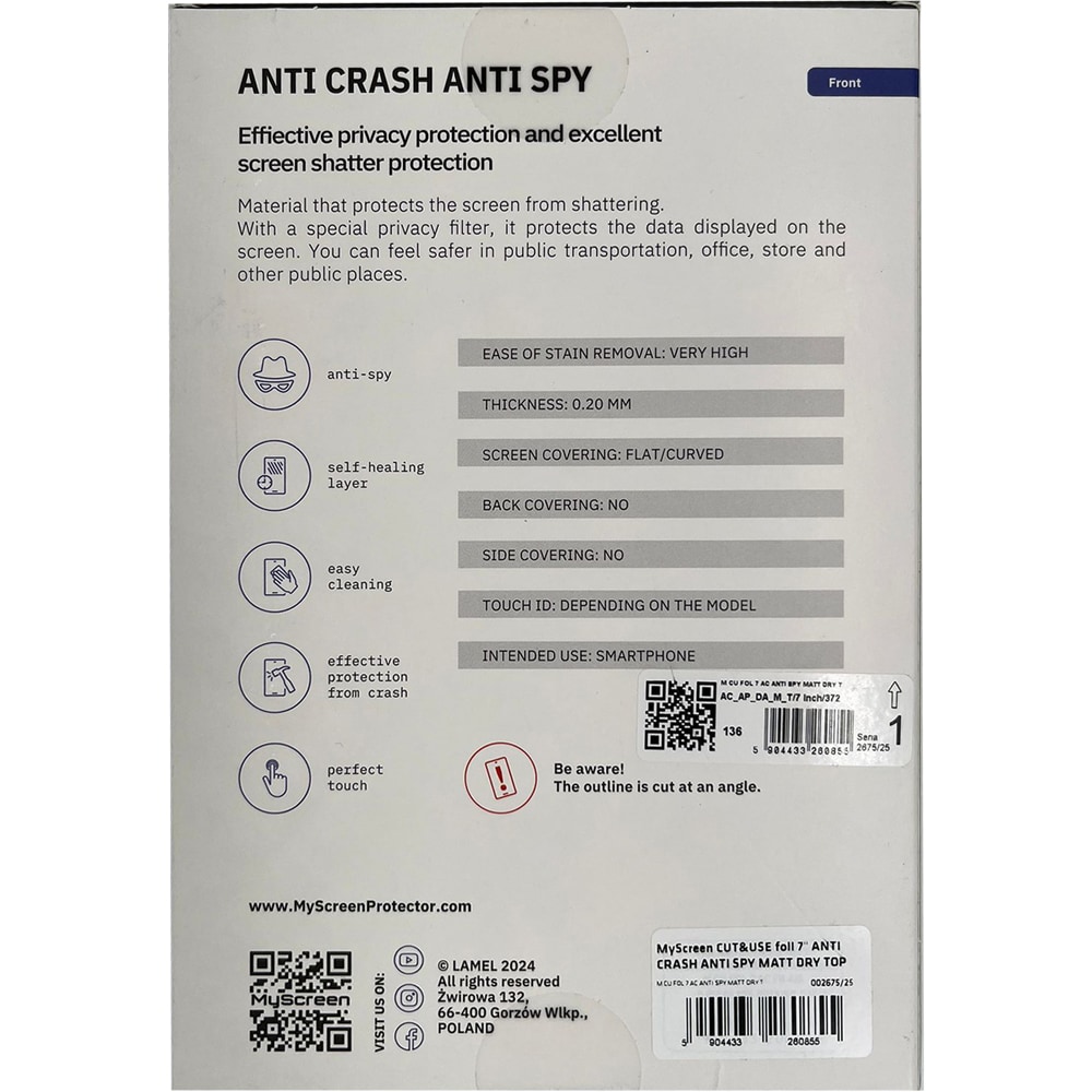 Folie protectie pentru telefon MYSCREEN Anti Crash Privacy Dry, transparent