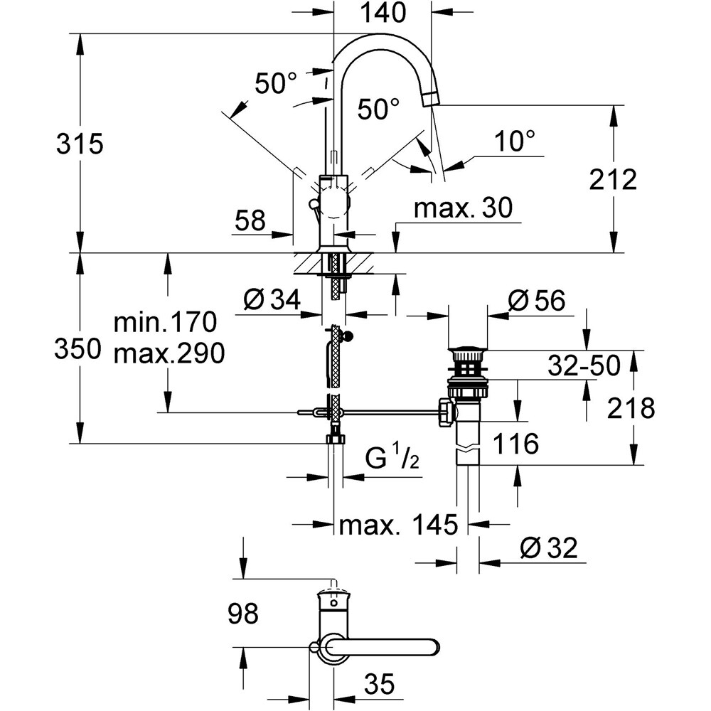 Baterie lavoar GROHE Bauclassic 23095000, marimea L, alama, crom