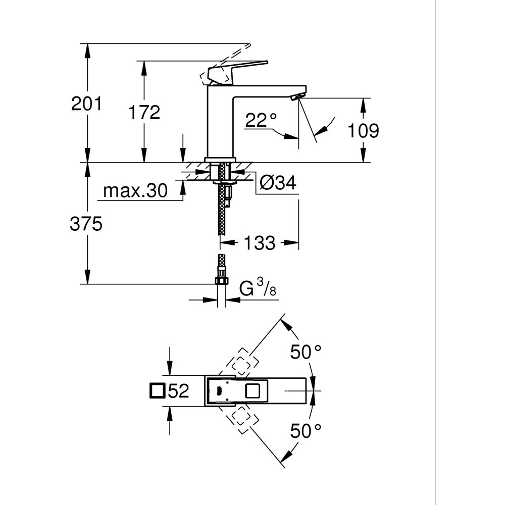 Baterie lavoar GROHE Eurocube 23446000, marimea M, alama, crom