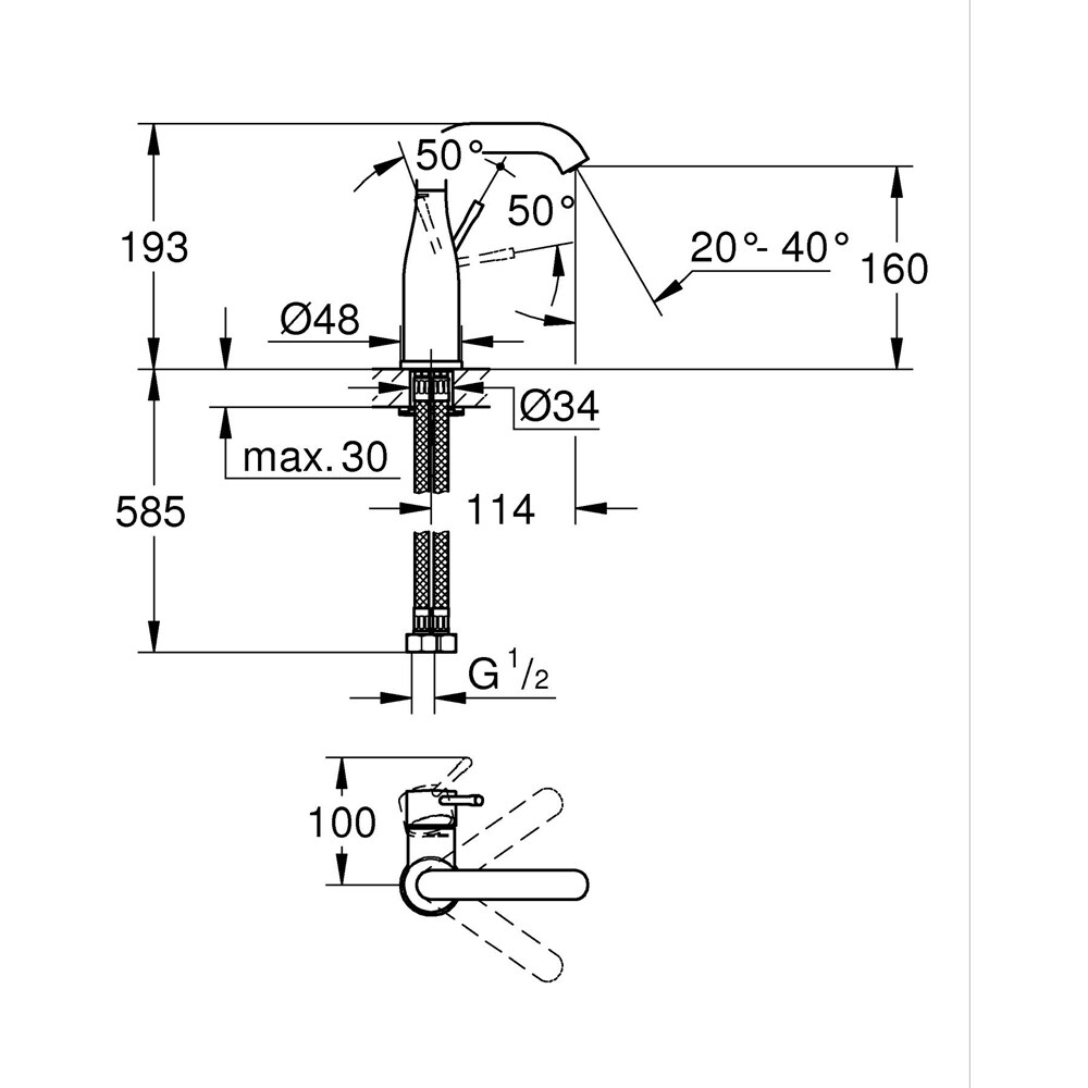 Baterie lavoar GROHE Essence 23488A01, marimea M, alama, grafit