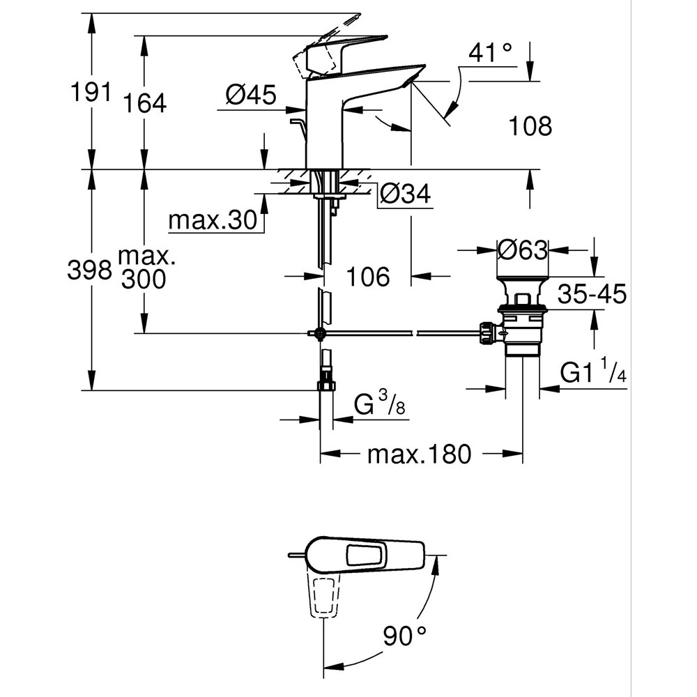 Baterie lavoar GROHE Bauloop 23887001, marimea M, alama, crom
