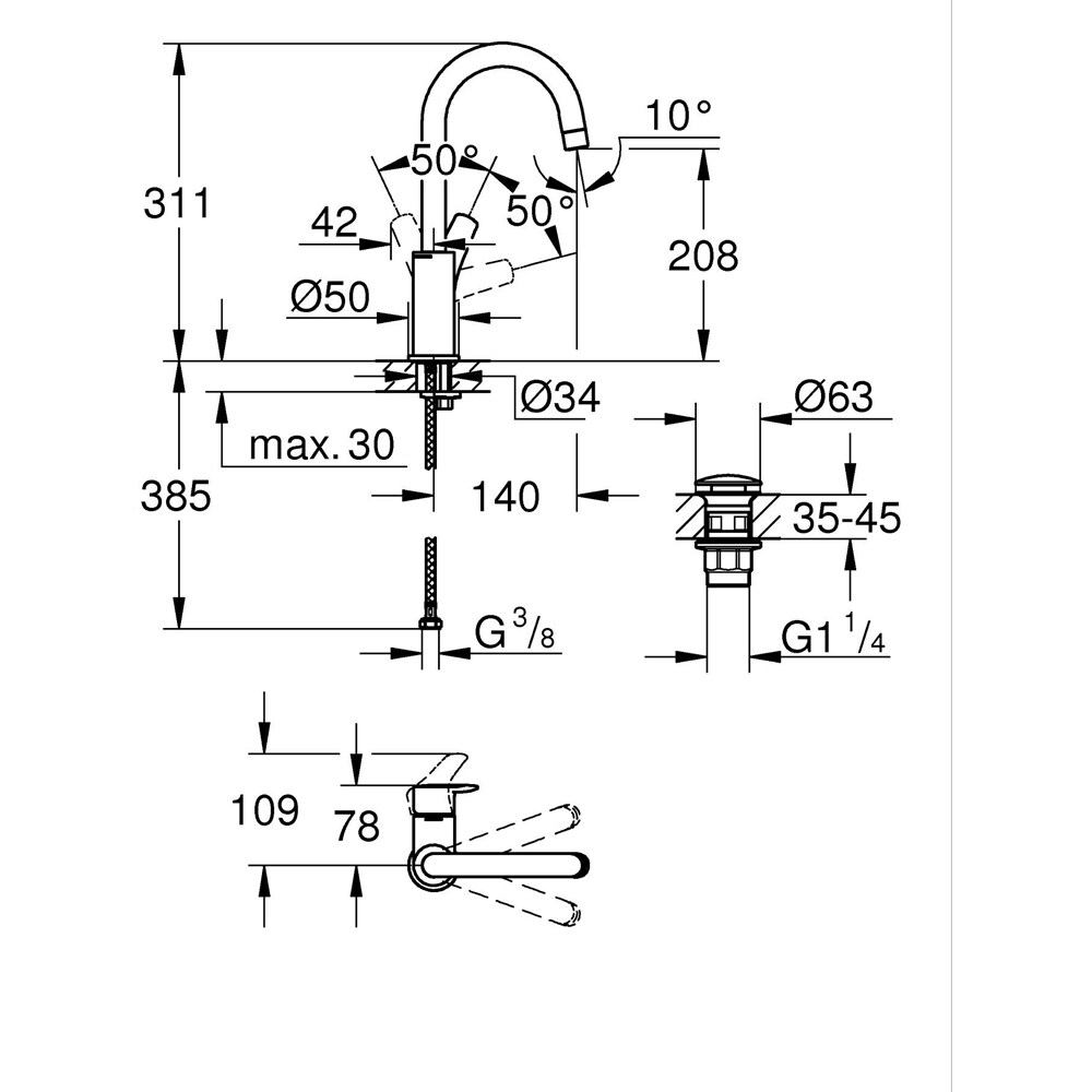 Baterie lavoar GROHE Eurosmart 23970003, marimea L, alama, crom