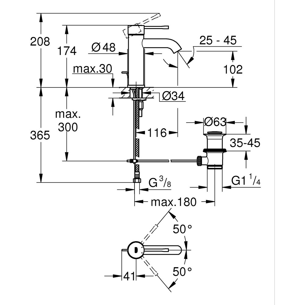 Baterie lavoar GROHE Essence 24171001, marimea M, alama, crom