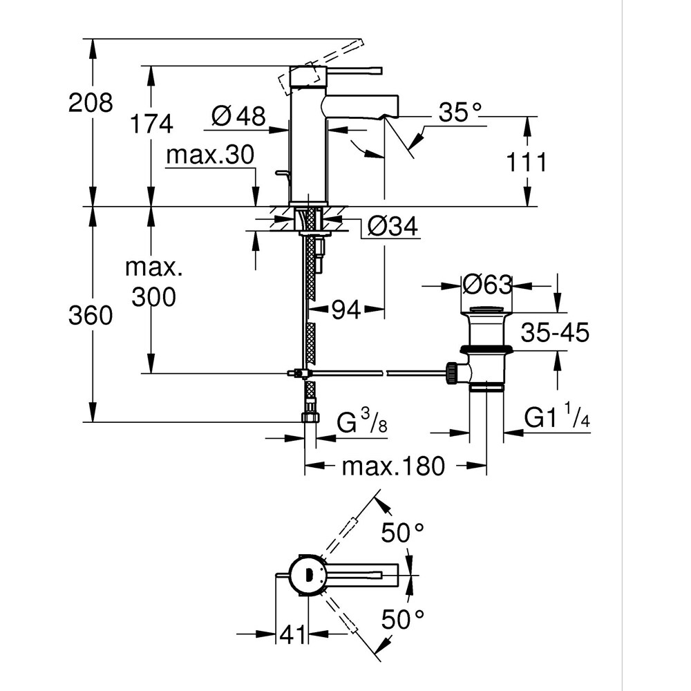 Baterie lavoar GROHE Essence 24175001, marimea M, alama, crom