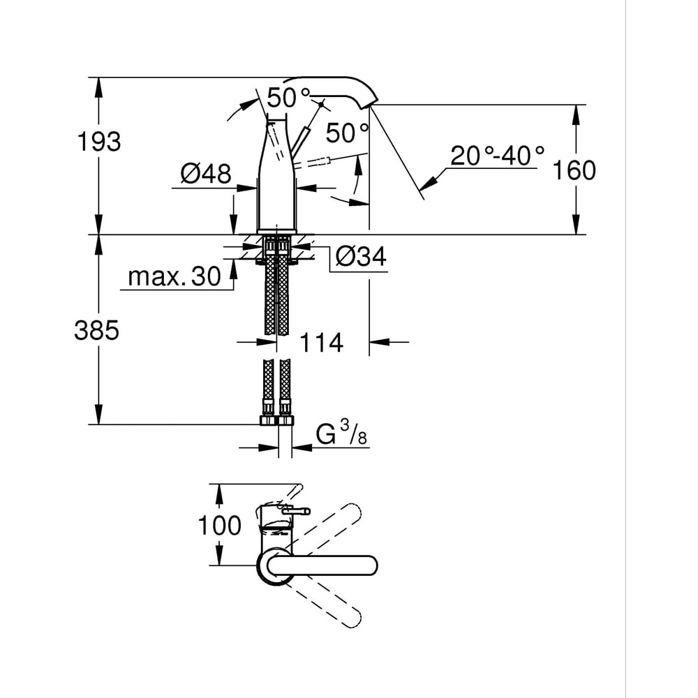 Baterie lavoar GROHE Essence 24176001, marimea M, alama, crom