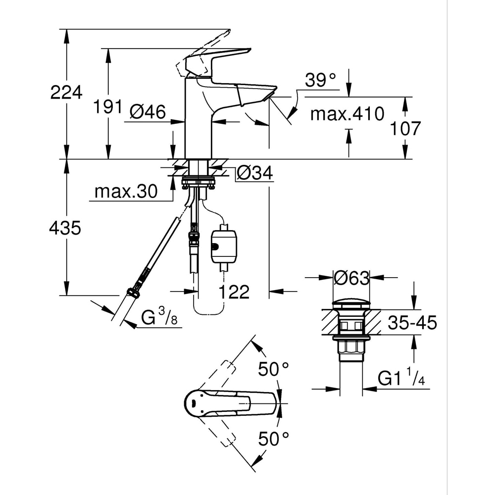 Baterie lavoar GROHE Start 24205003, marimea M, dus extractabil, alama, crom