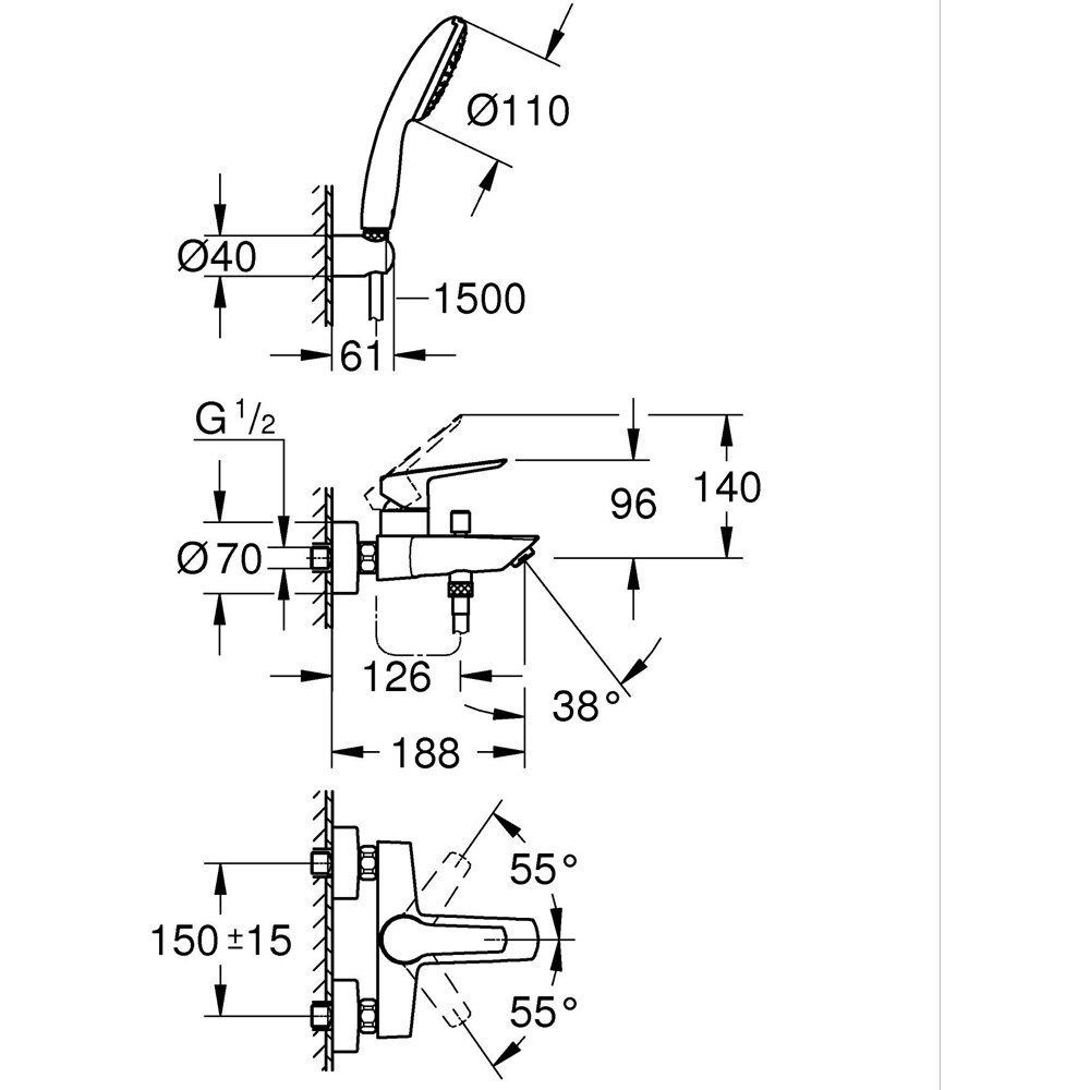Baterie cada-dus GROHE Eurosmart 25276003, aparenta, set de dus, alama, crom