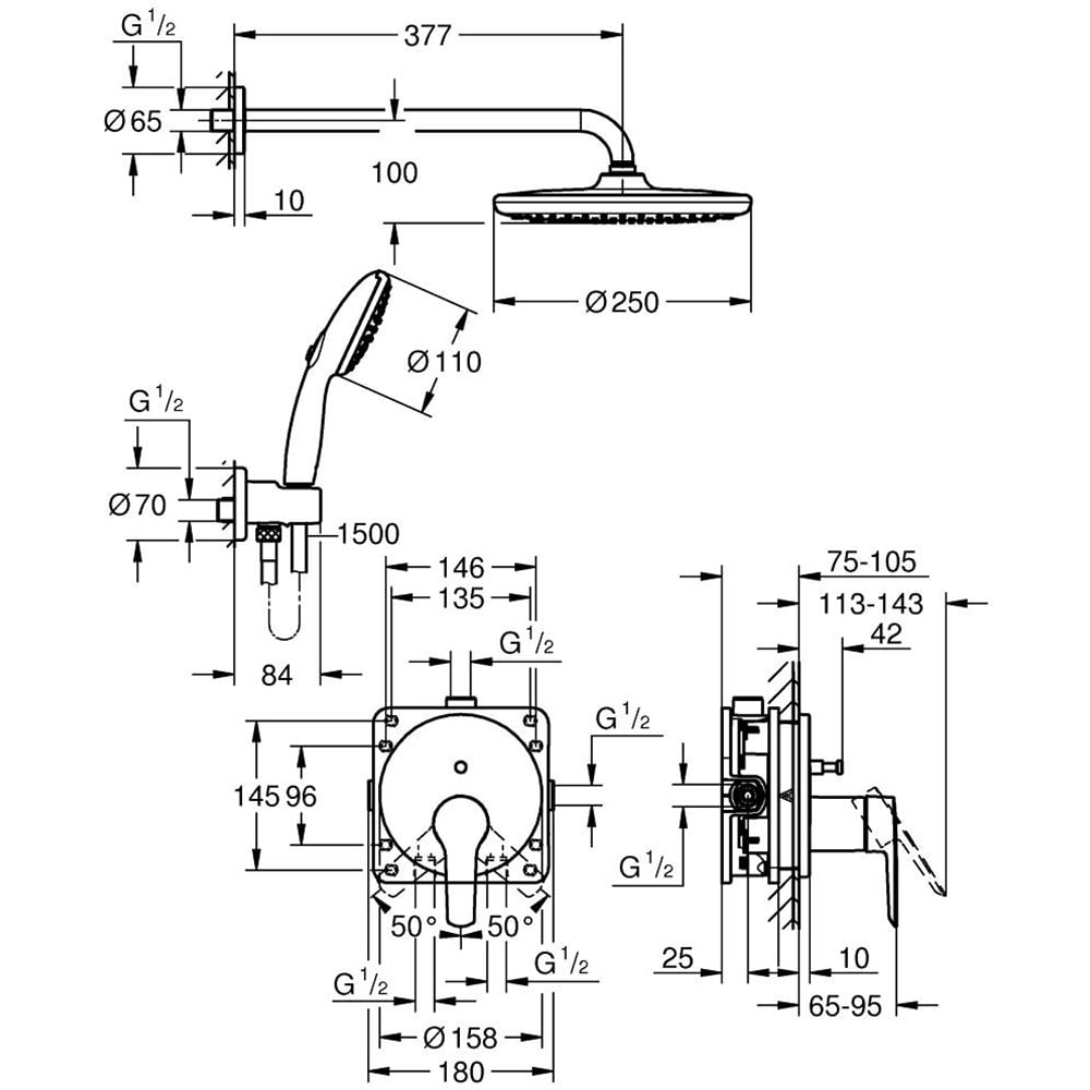 Sistem dus GROHE Start 25292000, 1/2'', incastrat, 1 functie, crom