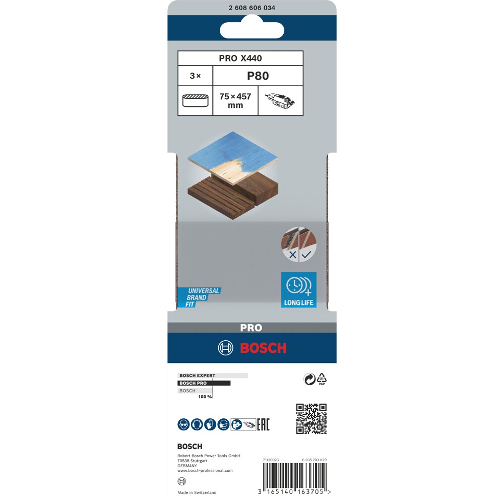 Banda abraziva BOSCH PRO, X440, 75 x 457mm, G80, 3buc