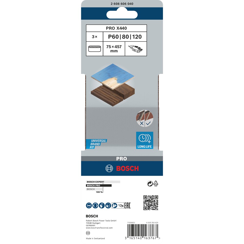 Banda abraziva BOSCH PRO, X440, 75 x 457, 60/80/100, 3buc