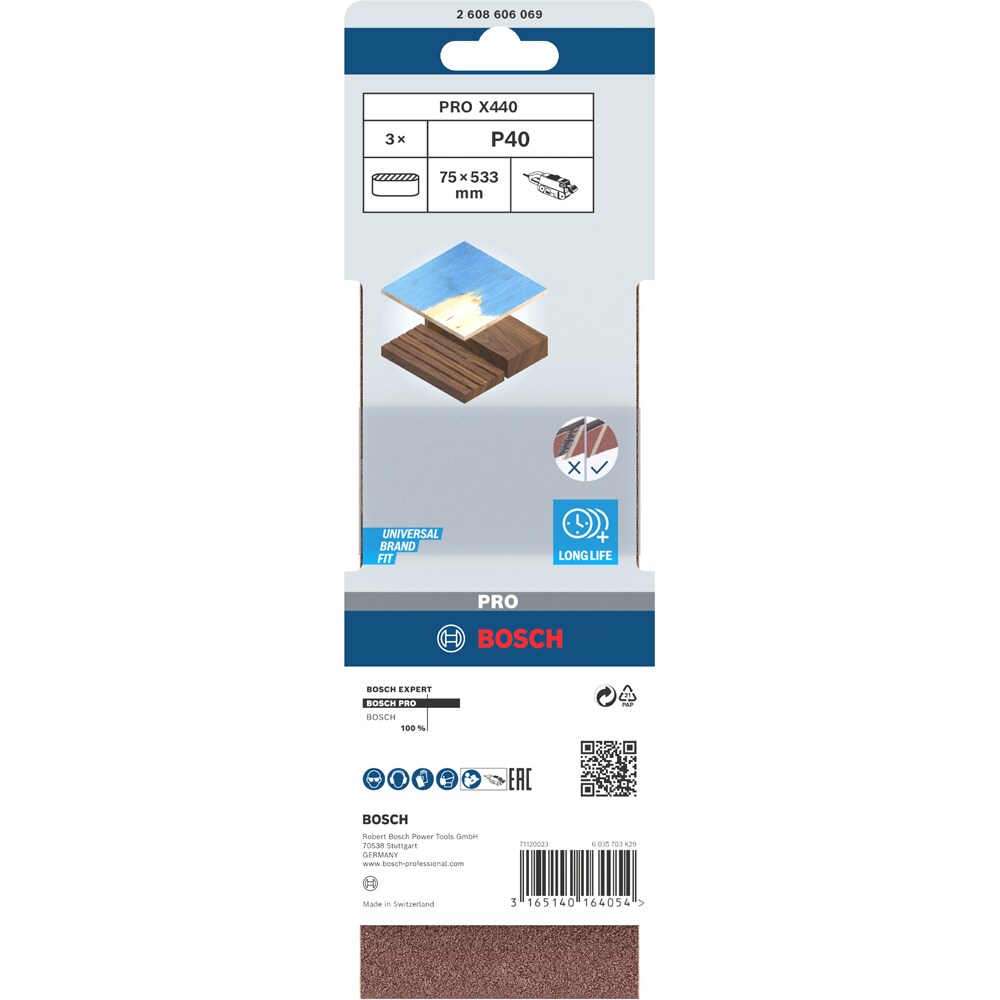 Banda abraziva BOSCH PRO, X440, 75 x 533mm, G40, 3buc