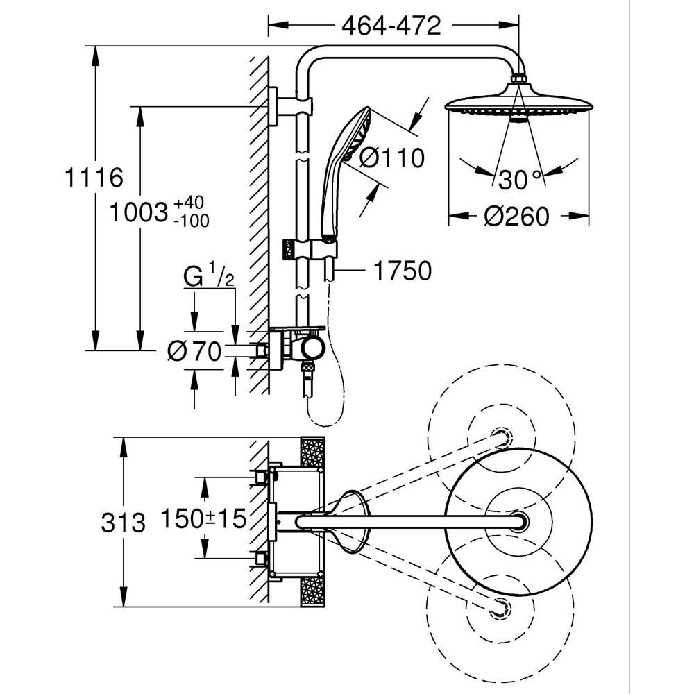 Sistem dus GROHE Vitalio Joy 26403002, termostat, 3 functii, crom