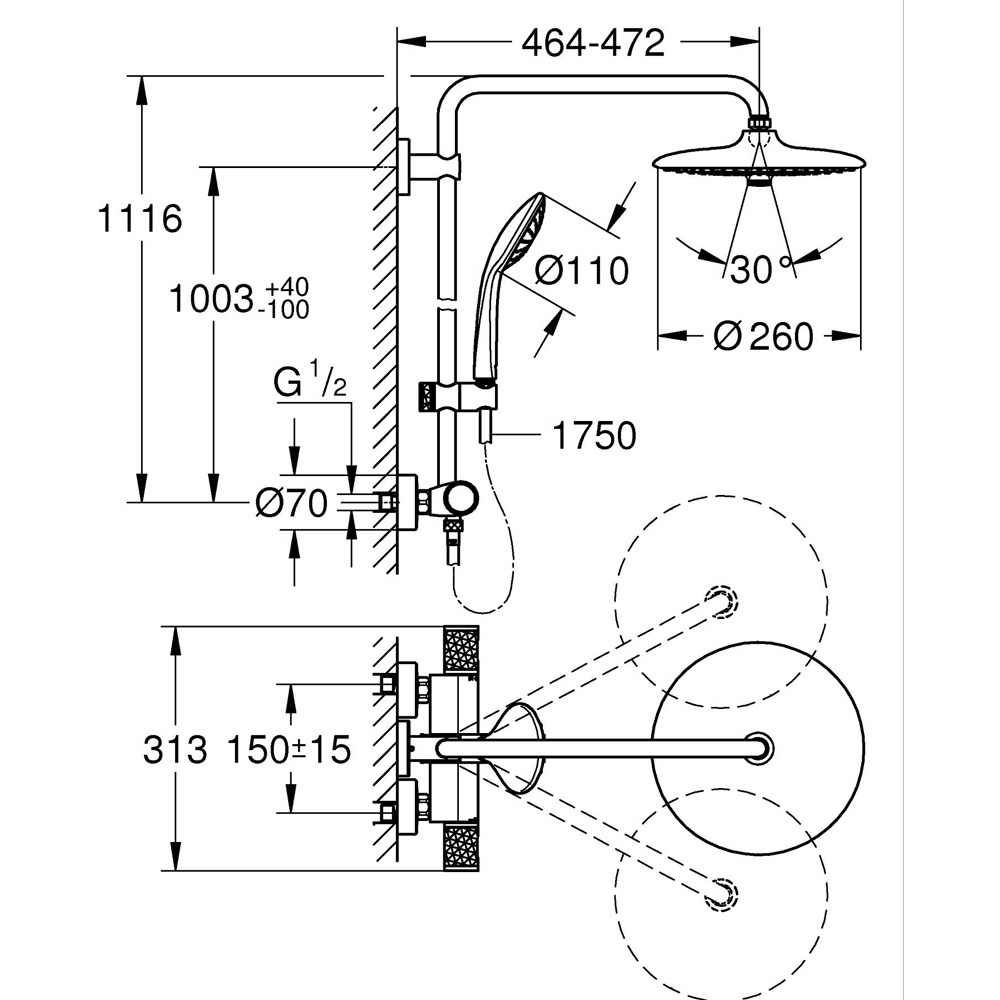 Sistem dus GROHE Euphoria 260 27615KF2, termostat, 3 functii, negru