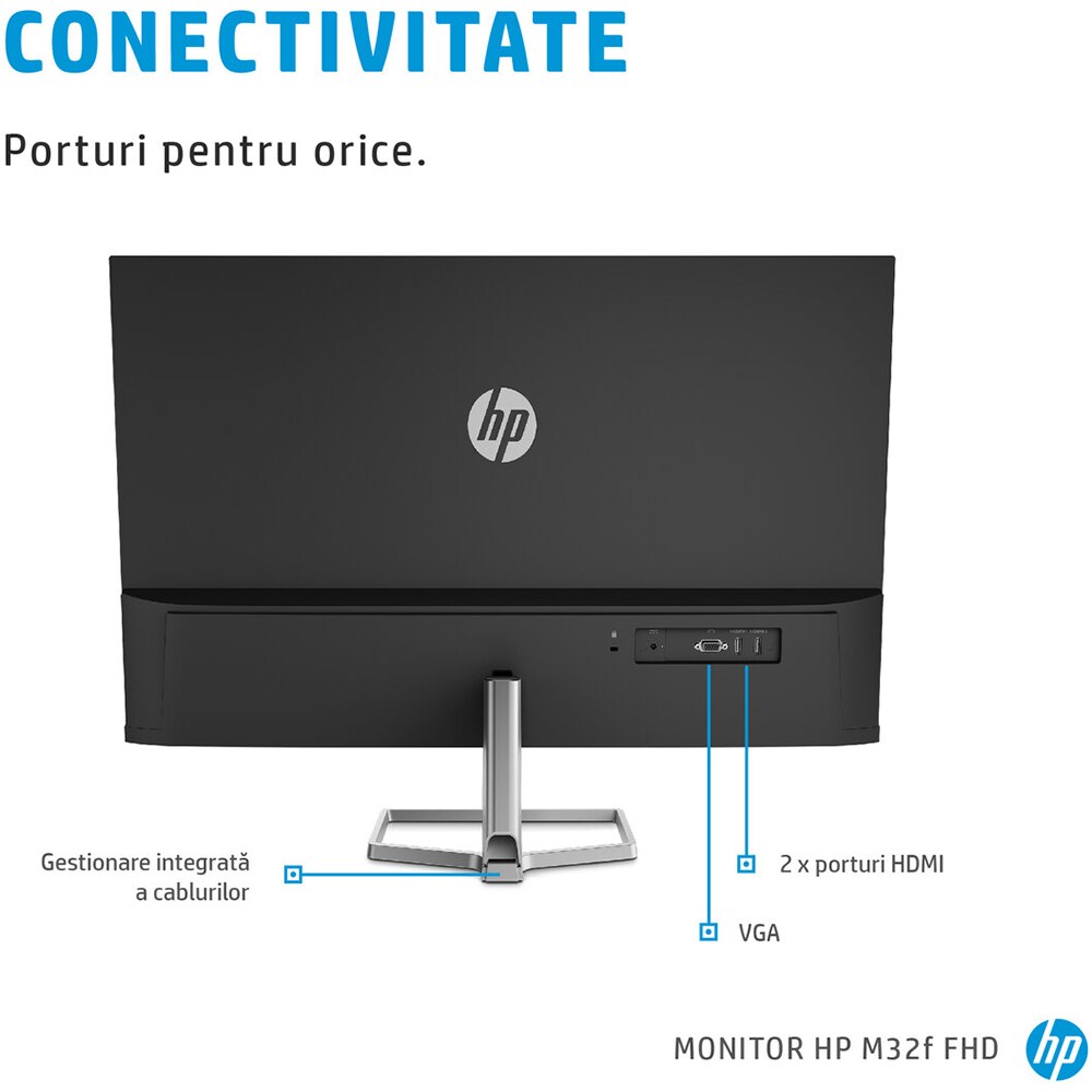 Monitor LED VA HP M32F, 31.5", Full HD, 75Hz, AMD FreeSync, argintiu-negru