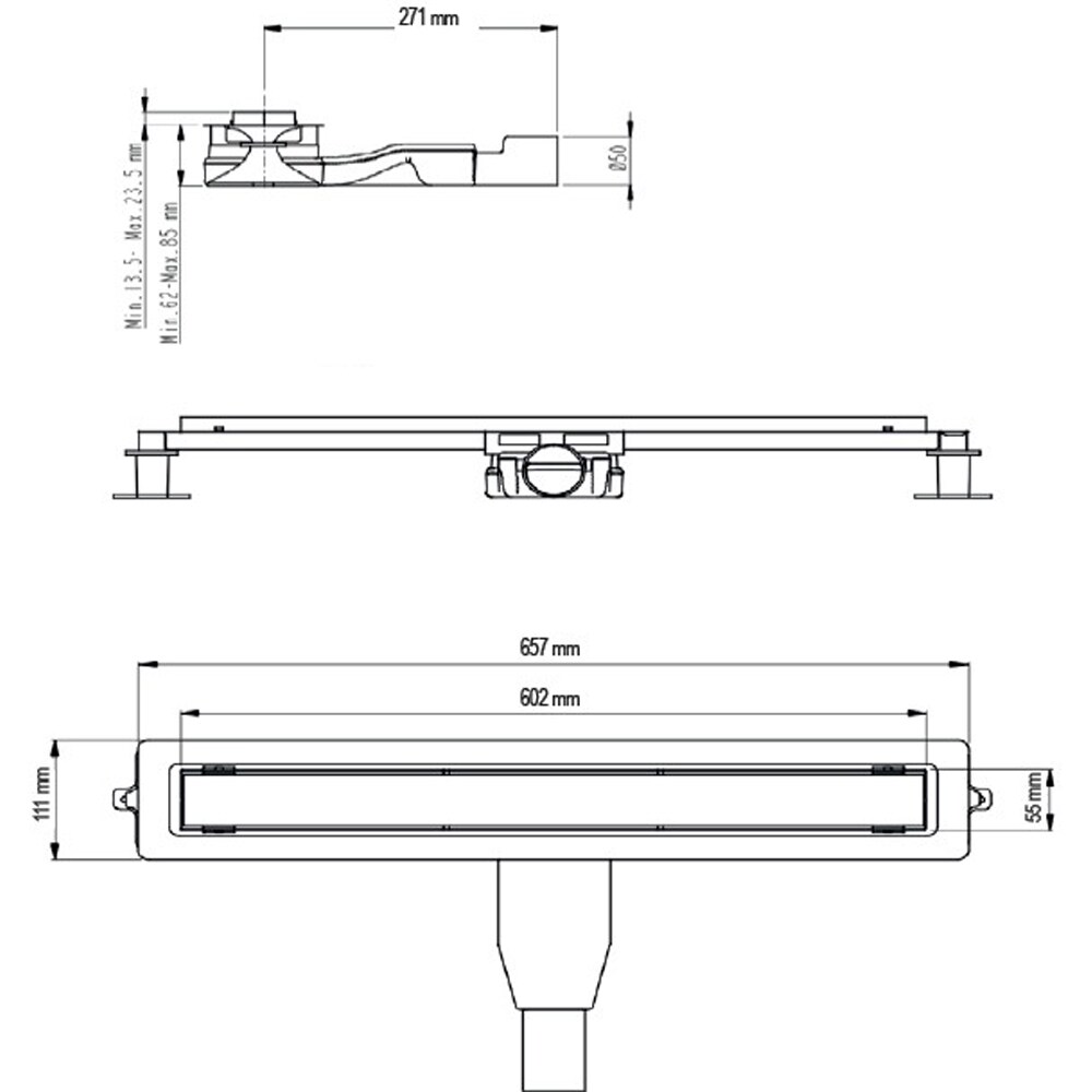Rigola dus WIRQUIN Linear 30950226, 60 cm, inaltime reglabila, auriu mat
