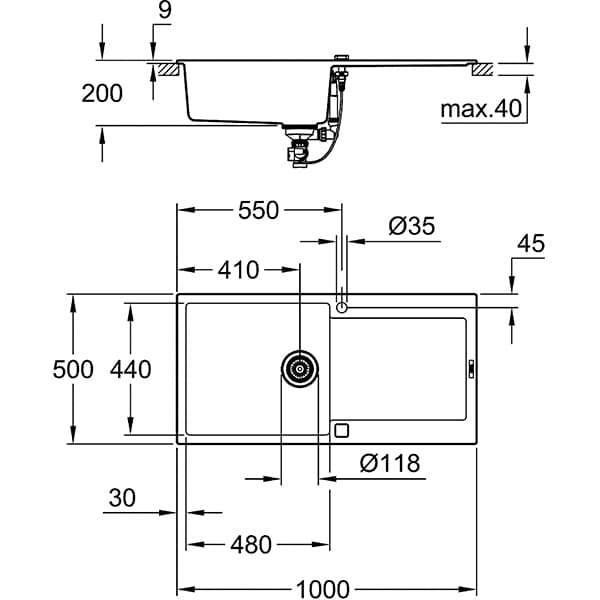 Chiuveta bucatarie GROHE K500 31645AT0, 1 cuva, picurator reversibil, compozit quartz, antracit