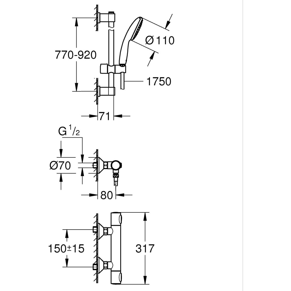Baterie dus GROHE Precision Flow 34805001, aparenta, set de dus, termostat, alama, crom