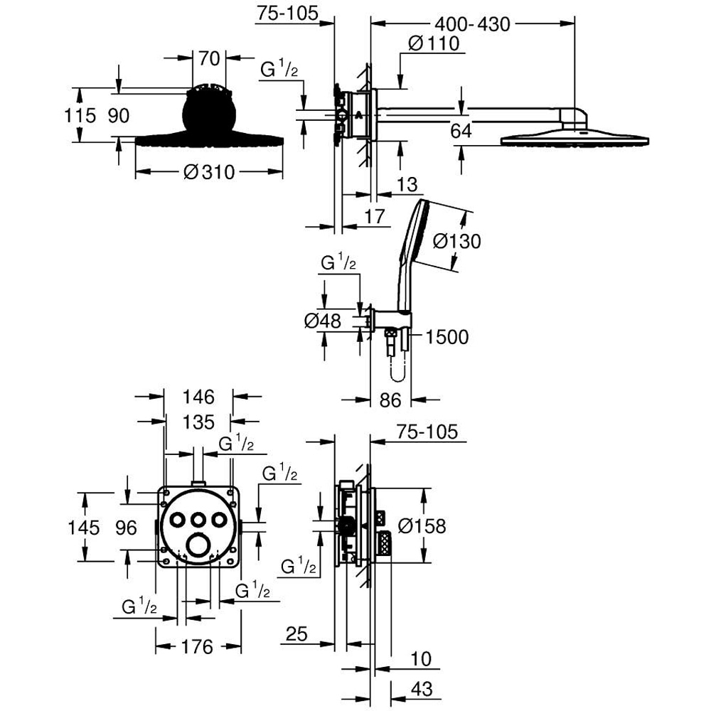Sistem dus GROHE Grohtherm SmartControl 310 34863AL0, incastrat, termostat, 3 functii, grafit