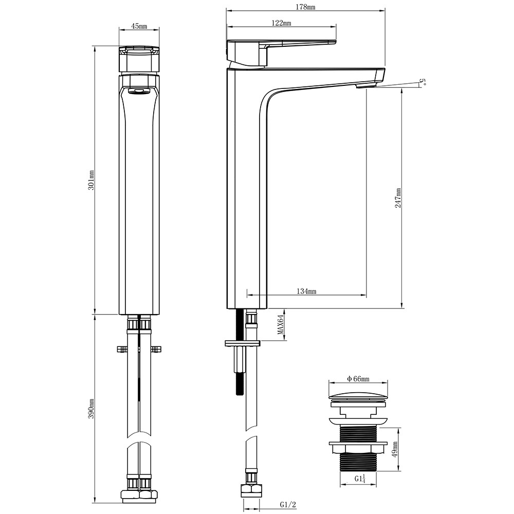 Baterie lavoar GOODHOME Teesta, inaltime 30.1 cm, alama, argintiu