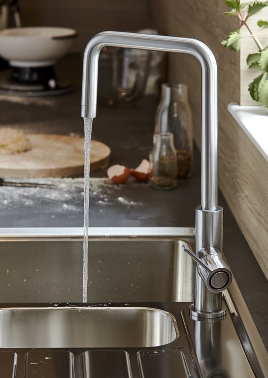 Baterie bucatarie GoodHome Kamut, pipa inalta, alama, inox