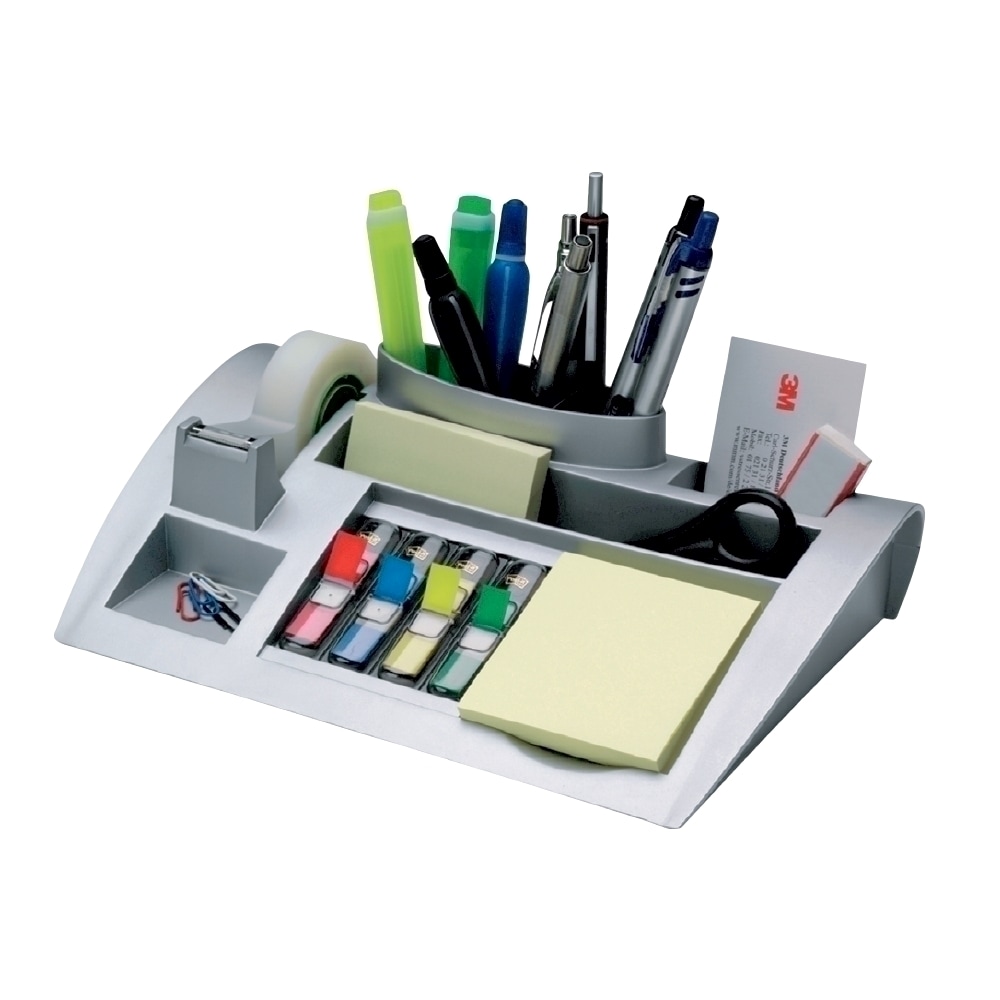 Suport accesorii birou 3M, echipat, 7 compartimente, plastic, argintiu
