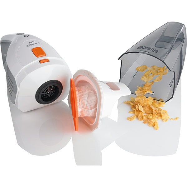 Aspirator de mana GORENJE Free Go MVC148FW, 0.7l, 14.8V, autonomie max 20 min, SoftStart, alb-gri