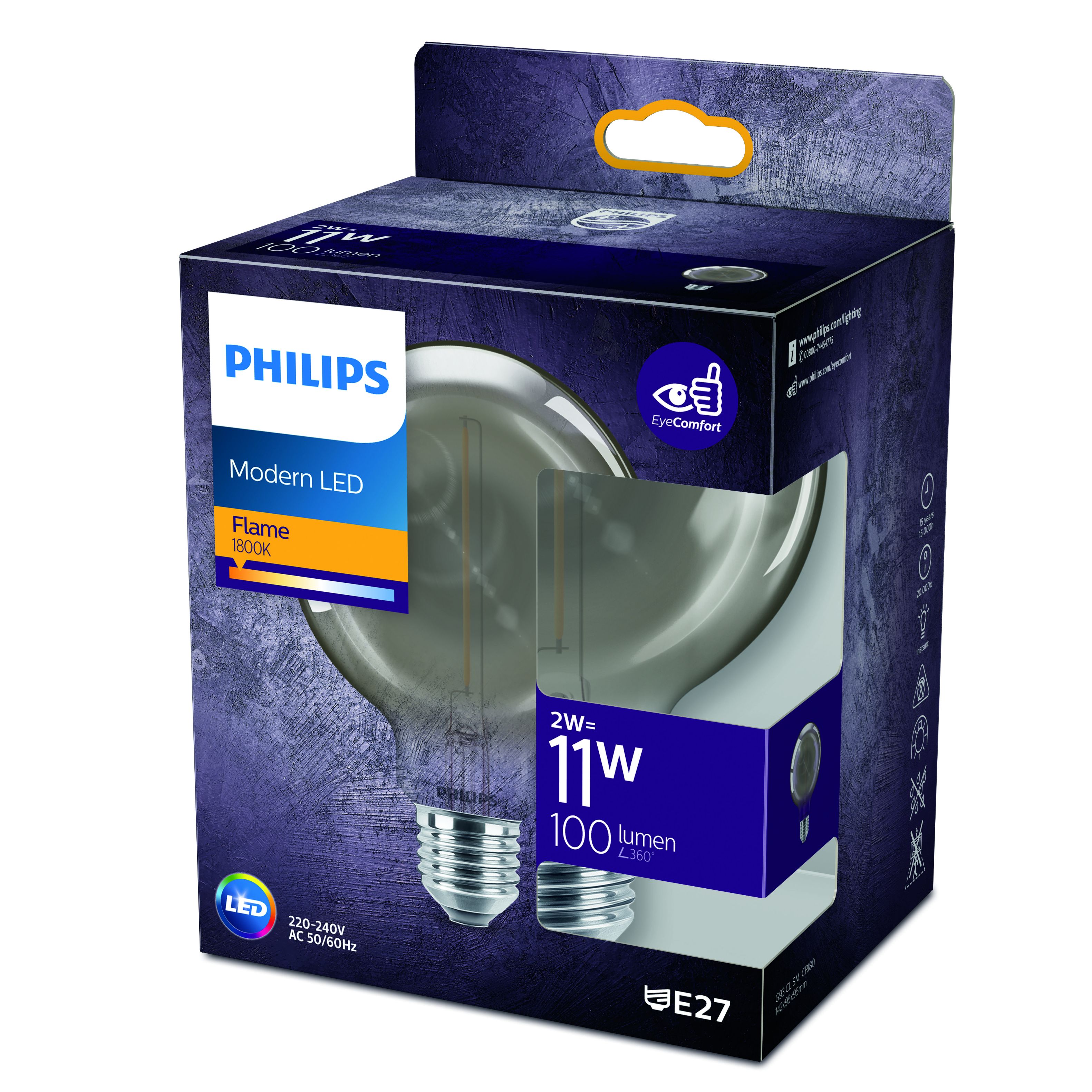 Bec LED decorativ, Filament Philips, 2W, E27, 1800 K, fumuriu