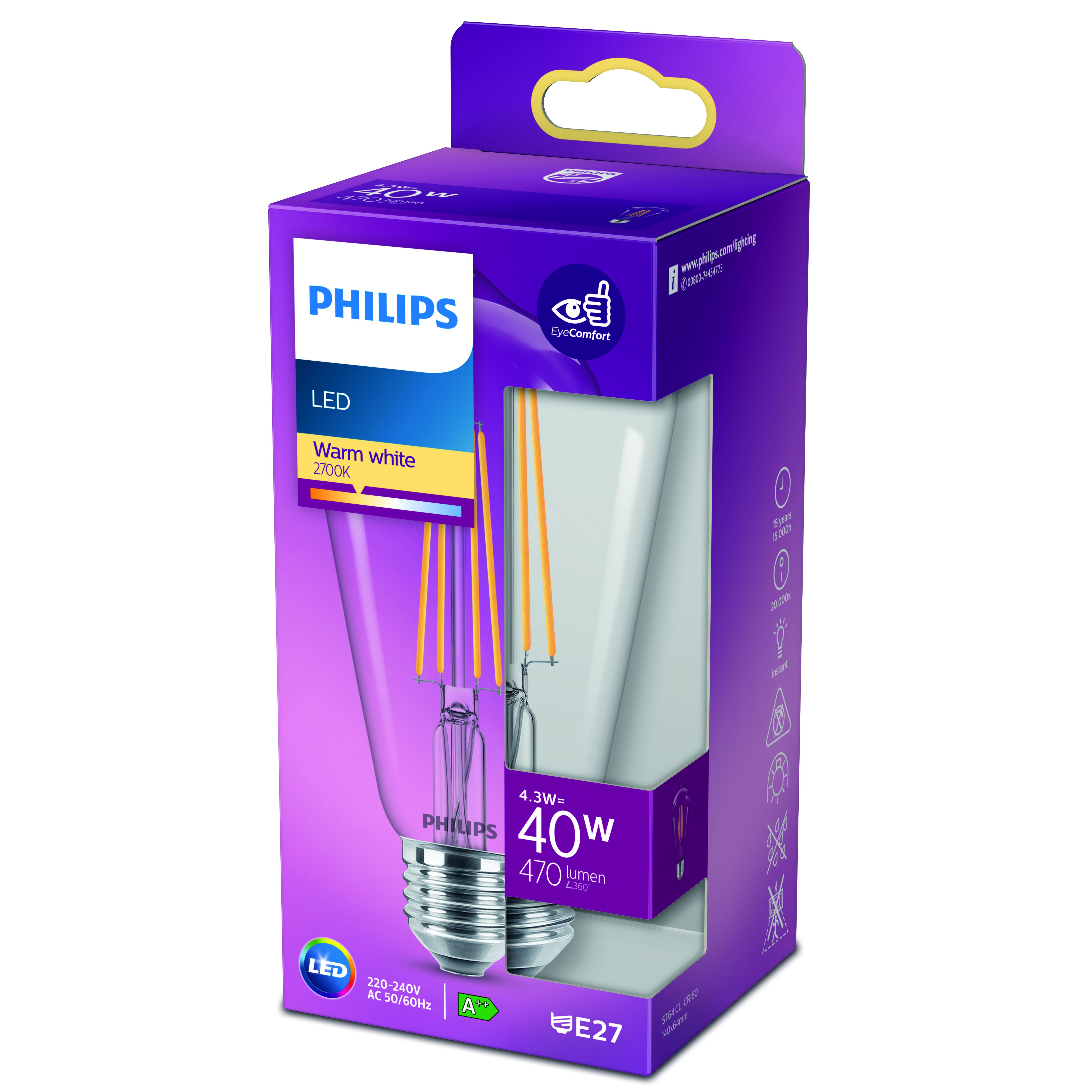 Bec LED decorativ, Filament Philips, 4.3W, E27, 2700K, transparent