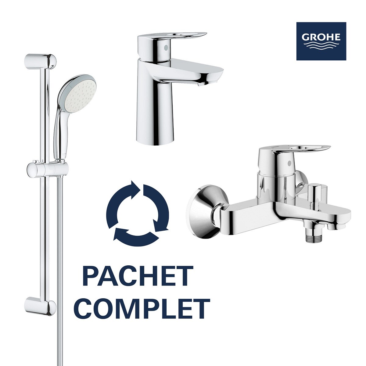 Set baie 3 in 1 GROHE Start Loop, baterie lavoar, baterie cada/dus, set de dus, racord 1/2", crom