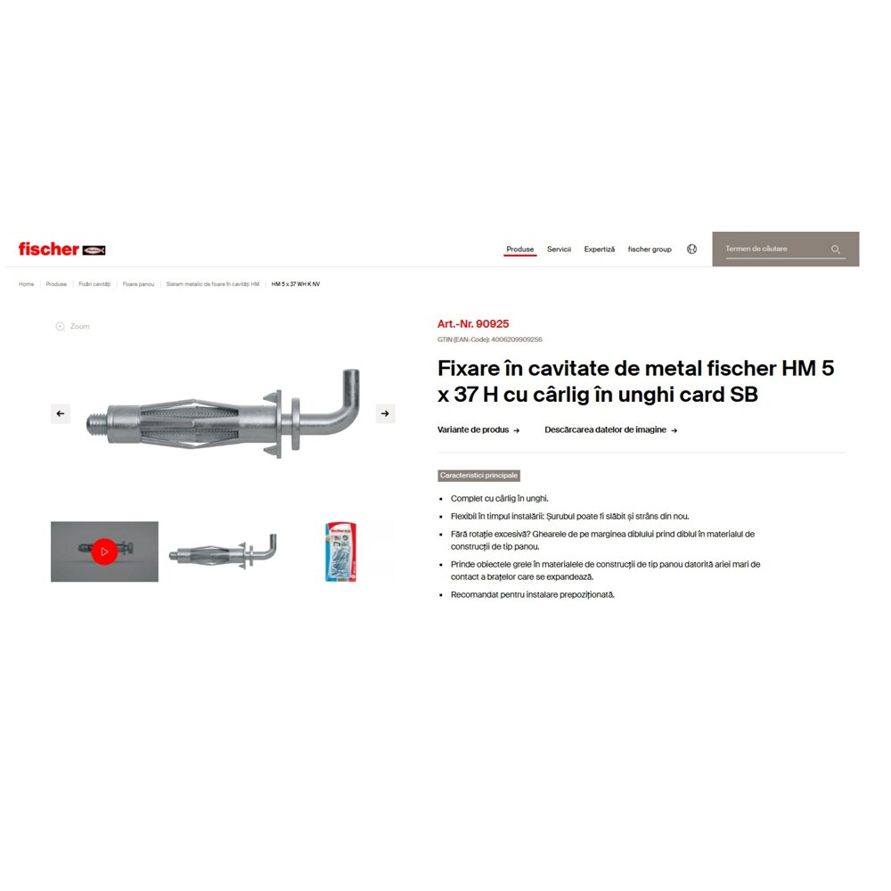 Surub cu diblu gips FISCHER HM, 8 x 37mm, 4buc