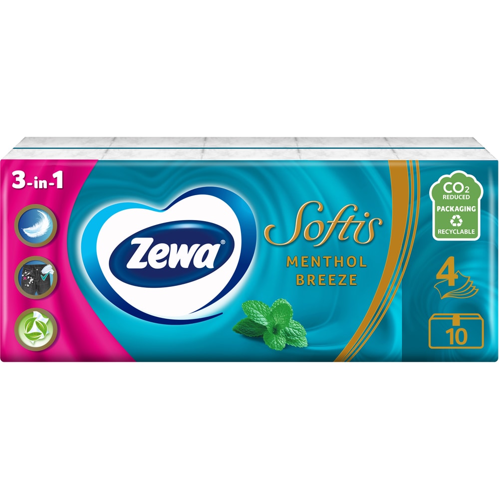 Servetele nazale ZEWA Softis Menthol, 4 straturi, 10 x 9 buc