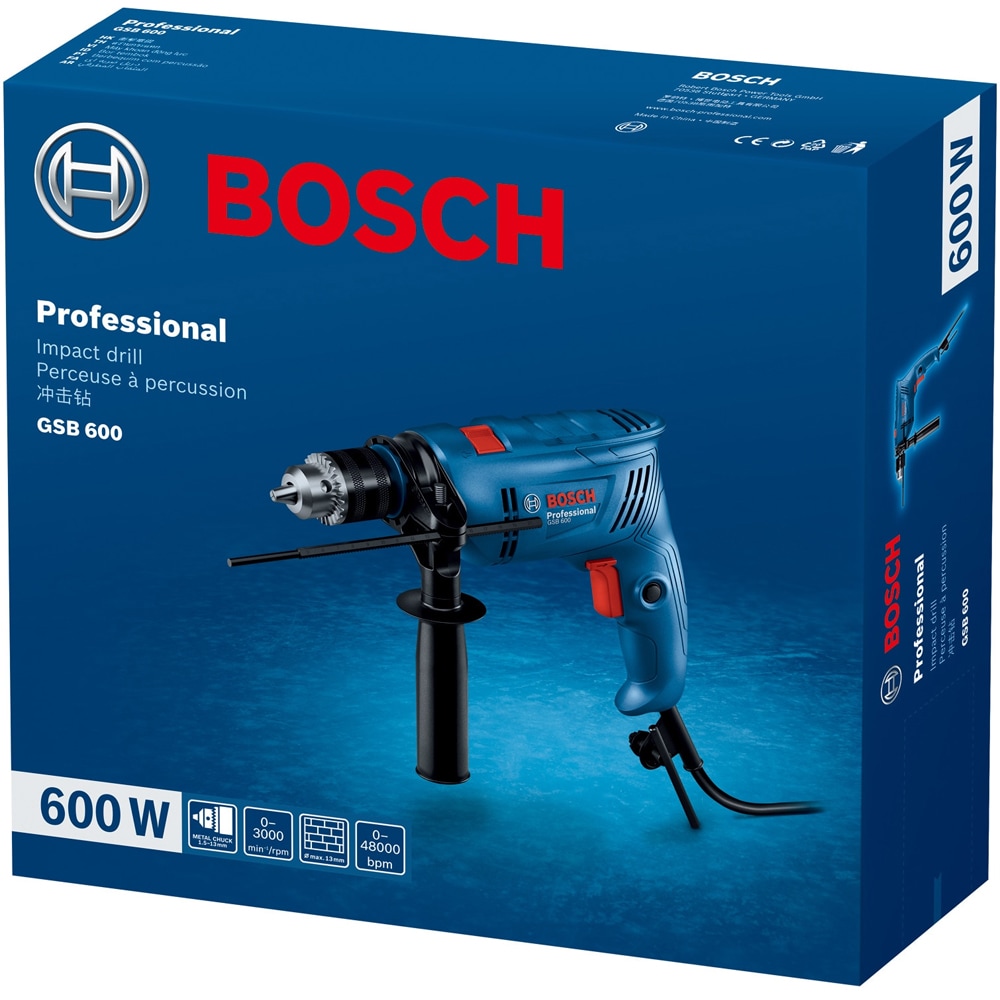 Masina de gaurit cu percutie Bosch Professioanal GBB600, 600W, 3000RPM, mandrina rapida 13mm