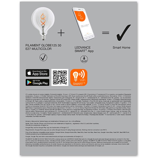 Bec LED Smart Vintage LEDVANCE 4058075609938, E27, 4.5W, 300lm, Bluetooth, Wi-Fi, lumina calda, compatibil Alexa, Google Assistant