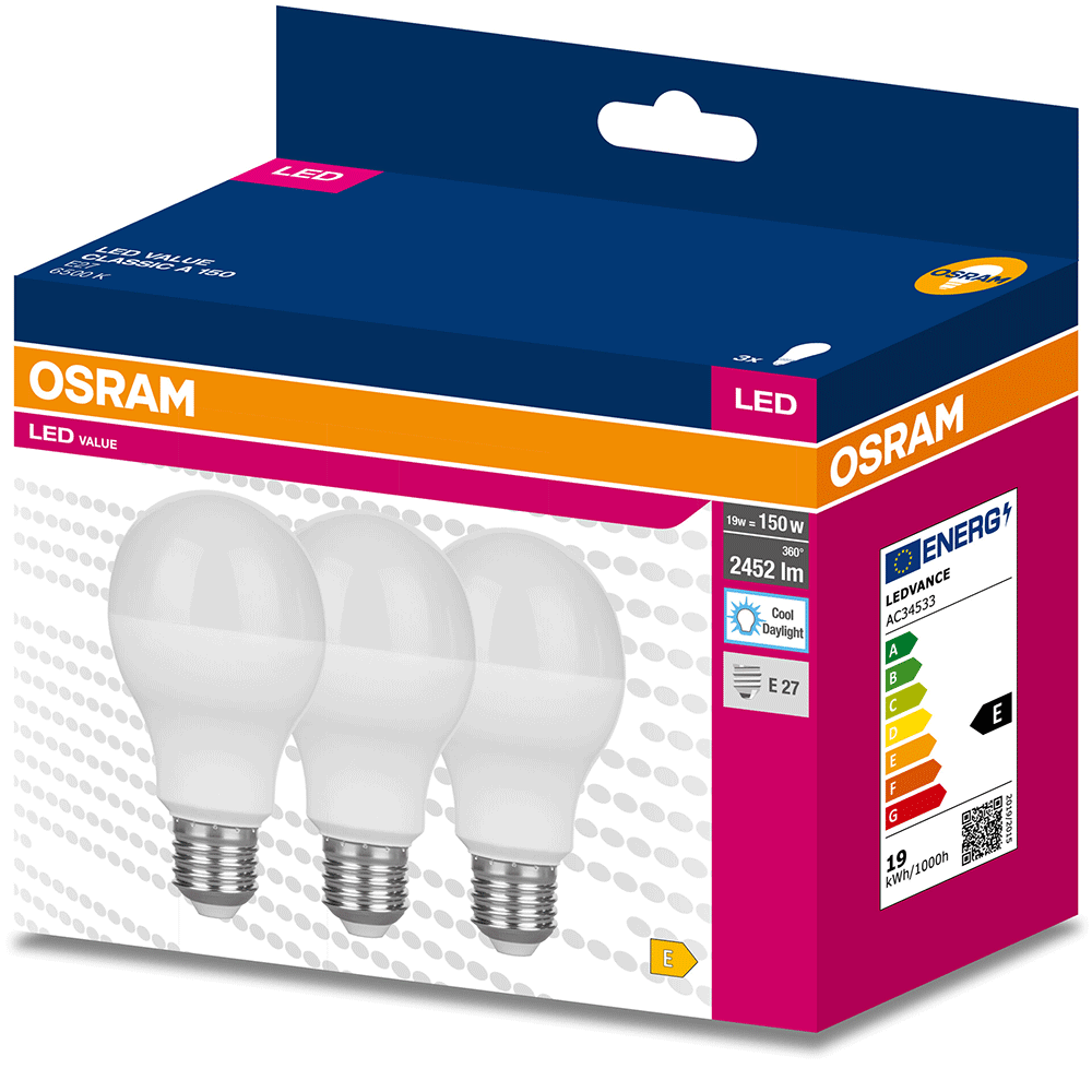 Set 3 becuri LED OSRAM, E27, 19W, 2452lm, lumina rece