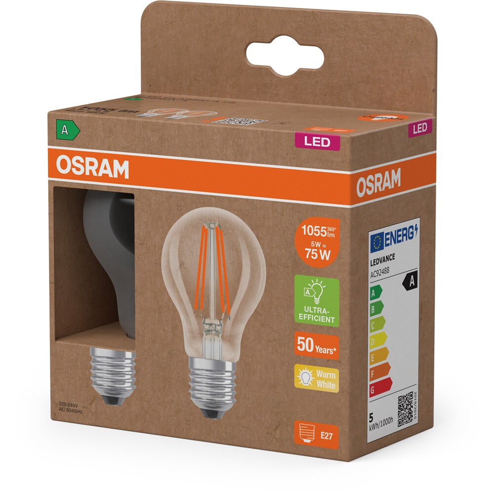 Set 2 becuri LED filament OSRAM, E27, 5W, 1055lm, lumina calda